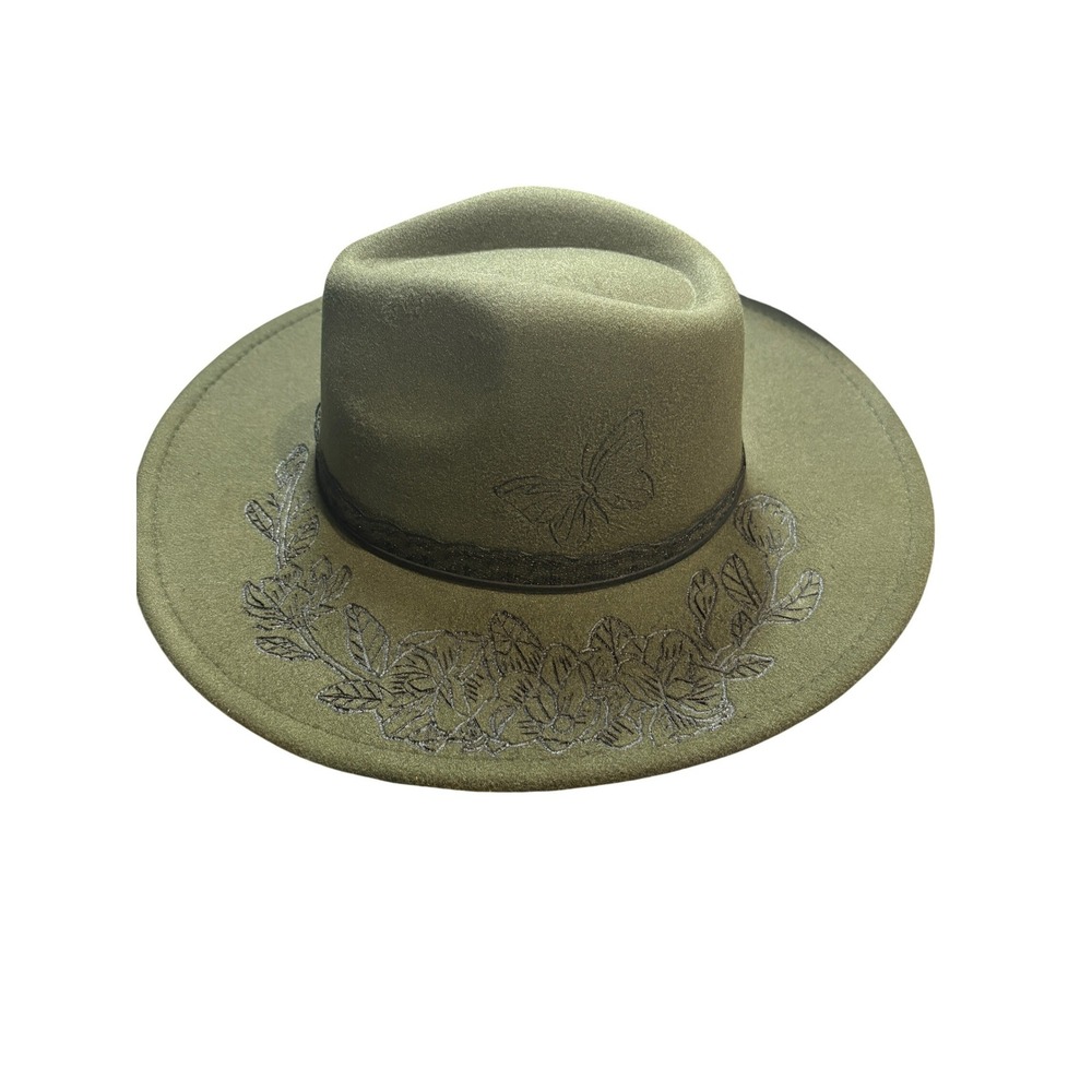 Custom Olive Green Wood Burned Fedora Women One Size Floral Butterfly - Picture 3 of 5